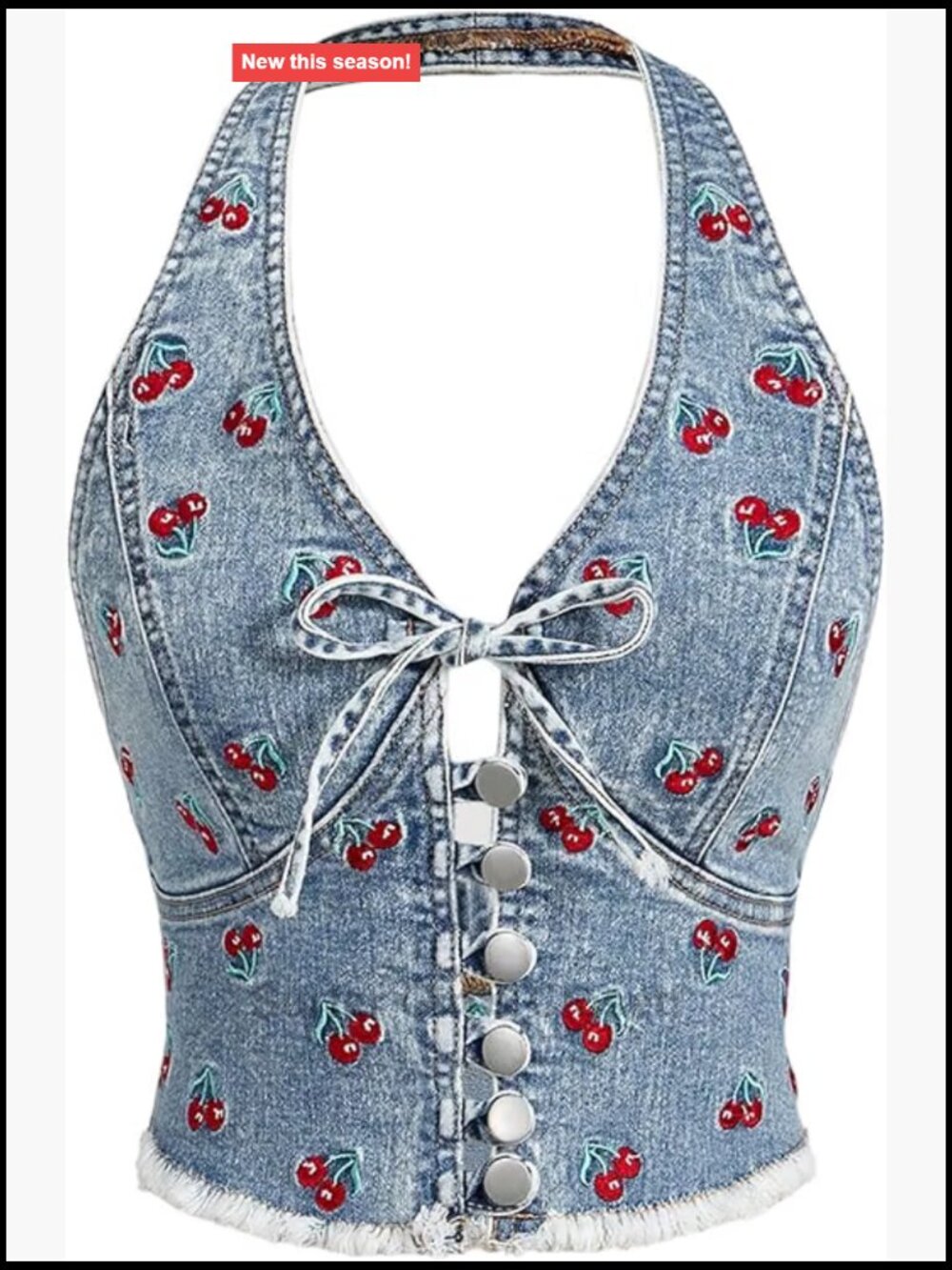 Cherry Print Denim Halter Tank Top Y2K Sleeveless